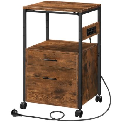 Conteneur roulant avec station de charge, Classeur mobile avec tiroirs et étagères ouvertes, Armoire de bureau haute, pour les documents A4/Lettre, Bureau à domicile, Brun vintage et noir