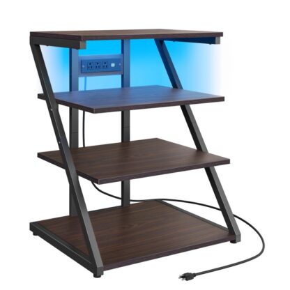 4-Stand per media di livello AV con stazione di ricarica, Mobile stereo, Porta TV angolare con luci LED, Torre audio rack con uscite regolabili per giradischi, Nero e noce