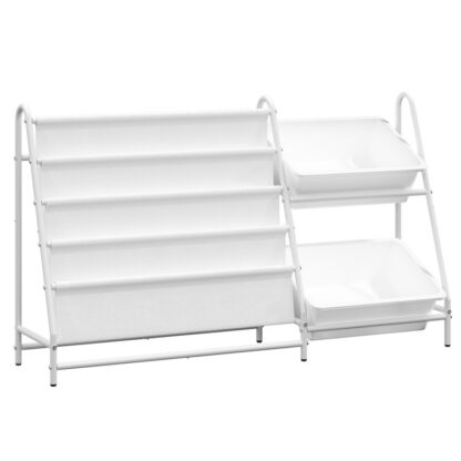 Bookshelf e organizzatore di giocattoli per bambini, 4-Scaffale per bambini di livello con 2 Bidoni per la conservazione dei giocattoli, Scaffali di libri per il vivaio per classe, Camera dei bambini, Biblioteca, Camera da letto, Soggiorno, Bianco