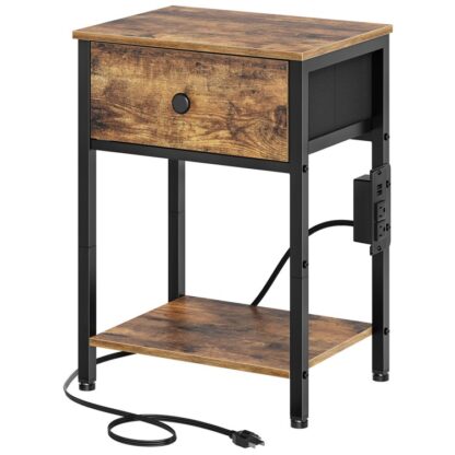 Fin de table, Table de nuit avec station de recharge et ports USB, Table d'appoint avec tiroir et étagères de rangement, Table de chevet industrielle, Salon, Chambre à coucher, Brun rustique et noir