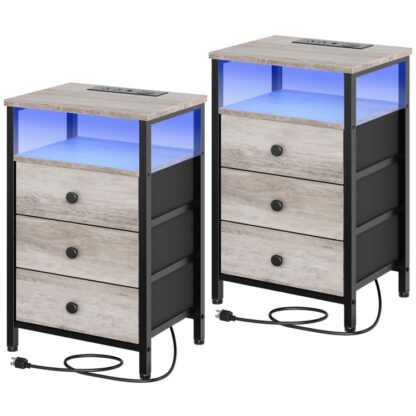 ensemble de tables de nuit 2, Stand de nuit avec station de charge sans fil, table d'appoint avec des lumières LED, Table de terre avec 3 tiroirs non tissés, tables de chevet pour le salon, chambre à coucher, Grille