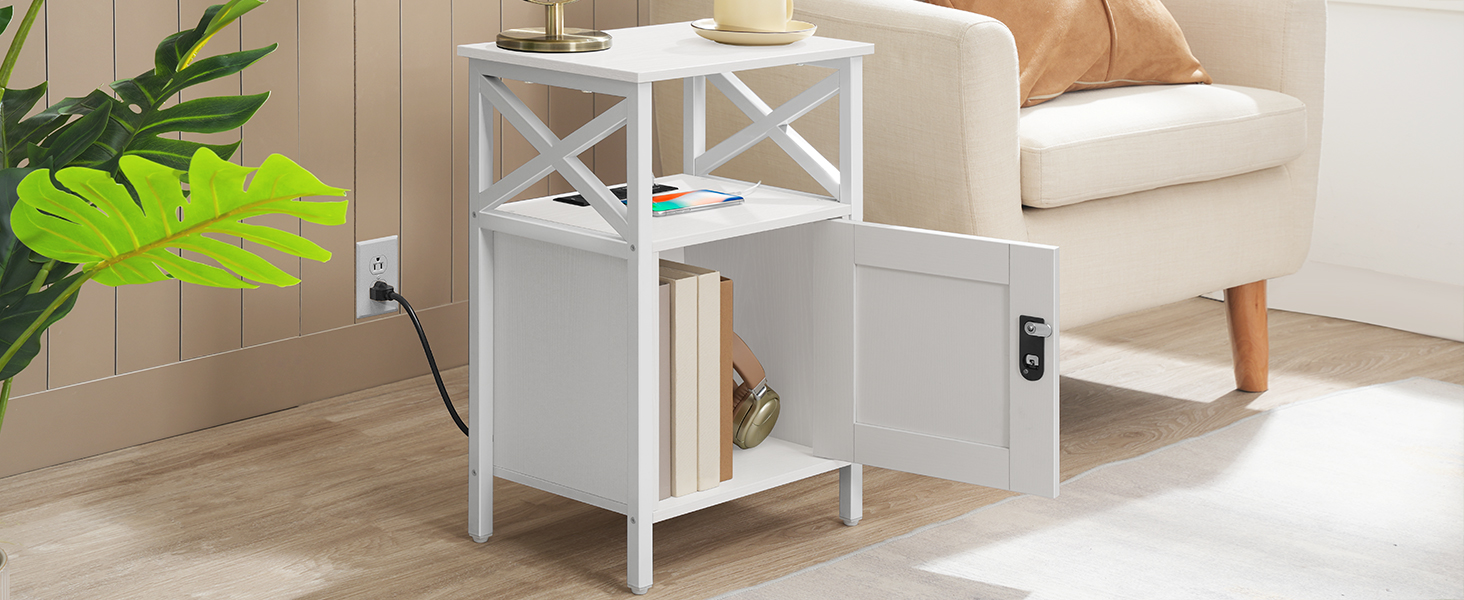 Side Tables with USB Ports & Outlets, Night Stand with Storage Shelf & Hooks