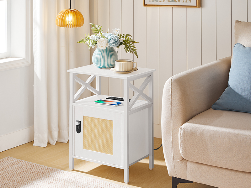 Side Tables with USB Ports & Outlets, Night Stand with Storage Shelf & Hooks