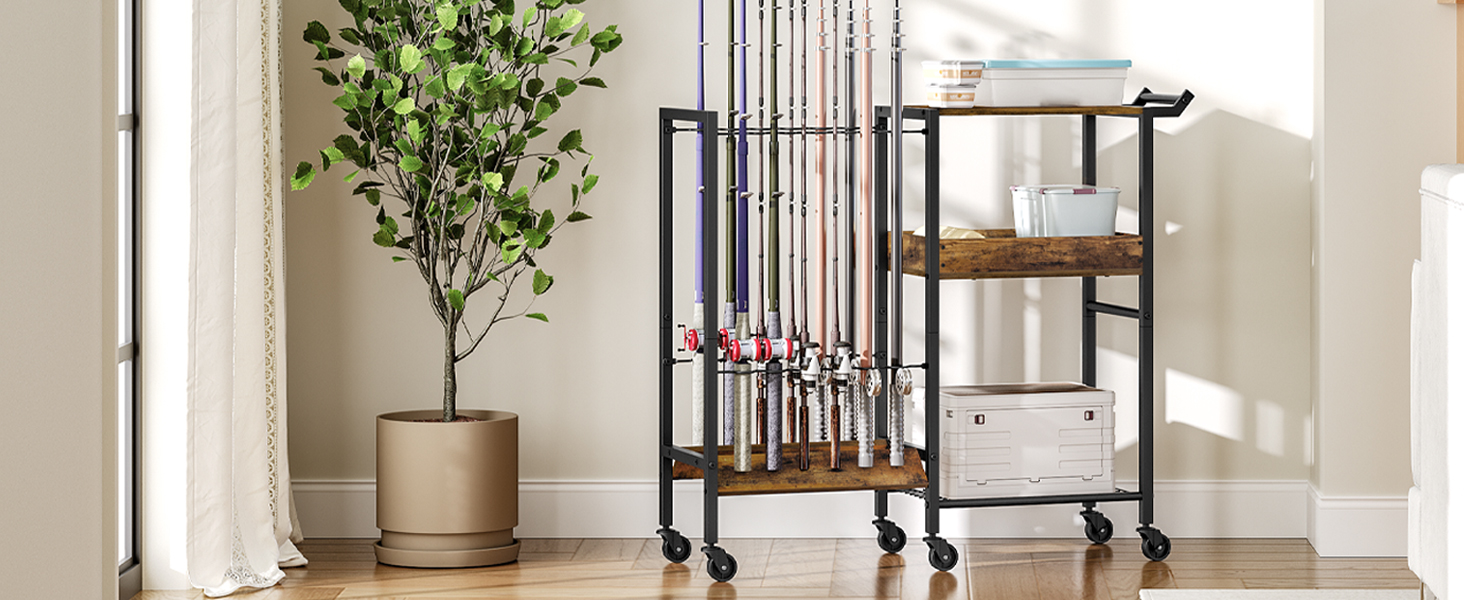 olta tutucusu 12 rods equipment organizer rack on wheels rolling pole tackle cart with side