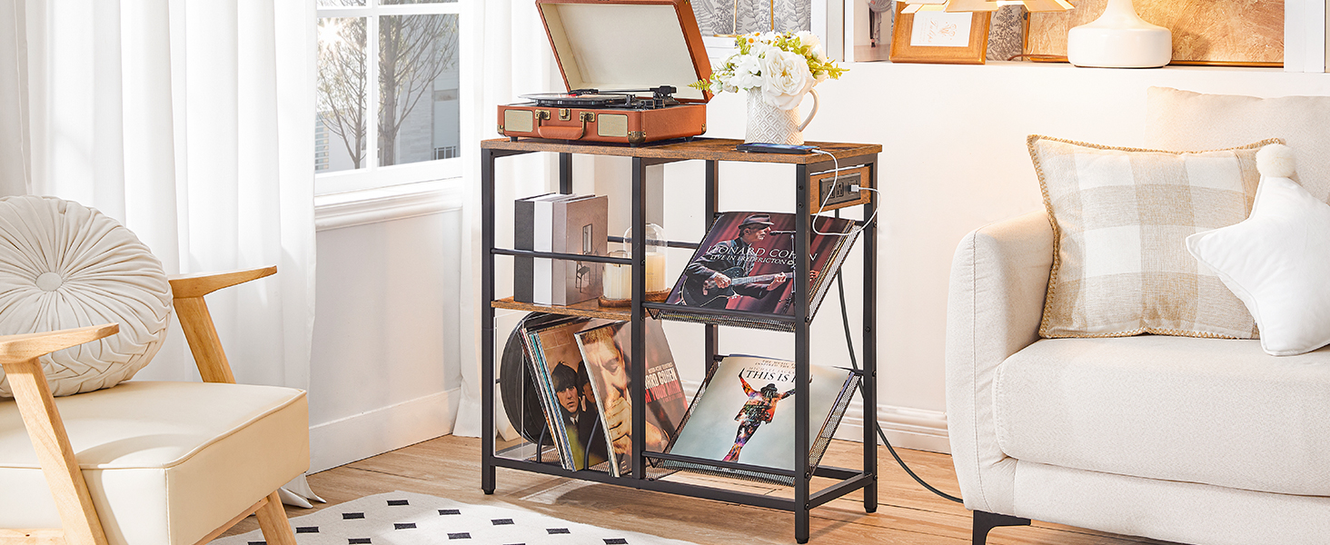 Record Player Stand with Charging Station