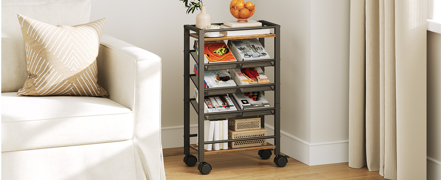 5 Tier Bookshelf Cart, Rolling Storage Book Shelf, Bookcase on Wheels, Mobile Desk File Organizer