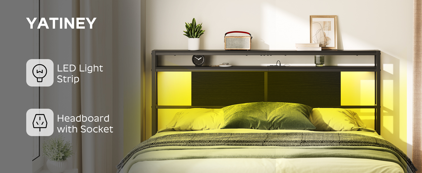 Tête de lit, Tête de lit queen, Headboard with Socket and LED Light Strip, 2-Étagère de rangement à plusieurs niveaux